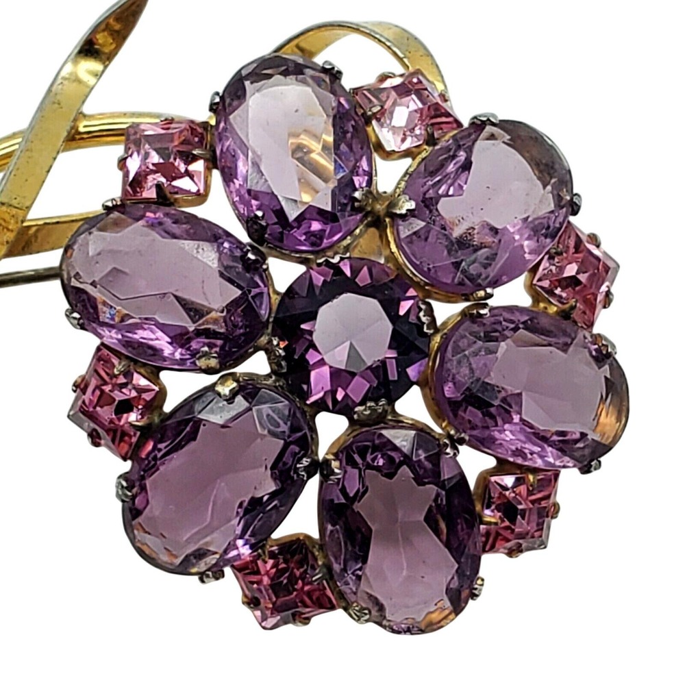 Flower Brooch Gold Vermeil Sterling Silver‎ Pin Purple Glass Pink Rhinestone 40s